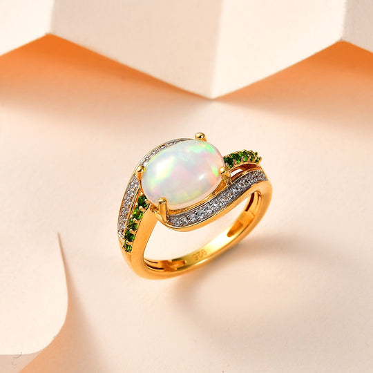 Natürlicher, äthiopischer Welo Opal, Natürlicher Chromdiopsid Ring, 925 Silber Gelbgold Vermeil, ca. 2.11 ct