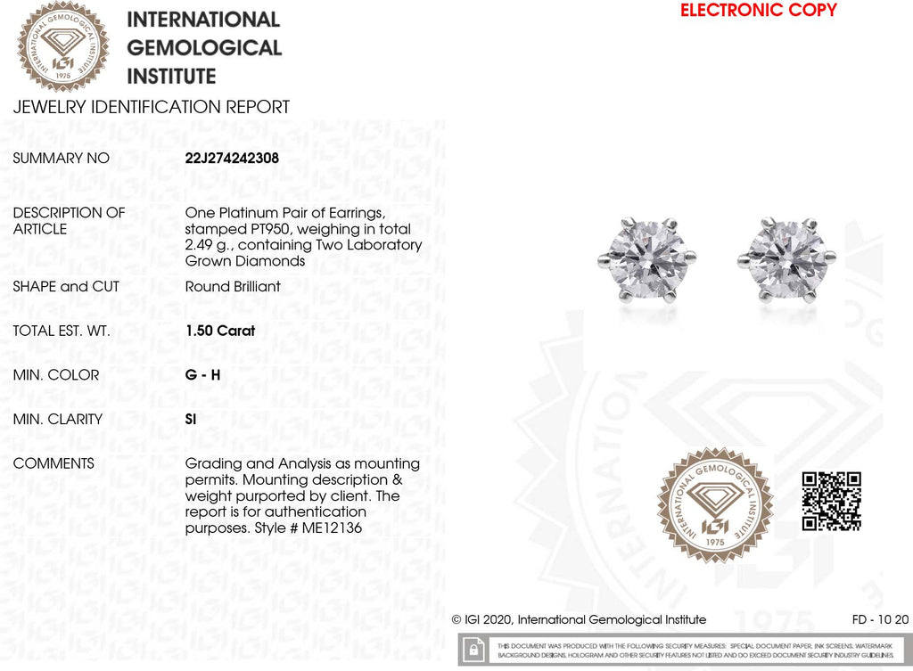 Lab grown Diamant SI-GH Ohrringe, IGI zertifiziert, 950 Platin ca. 1.50 ct