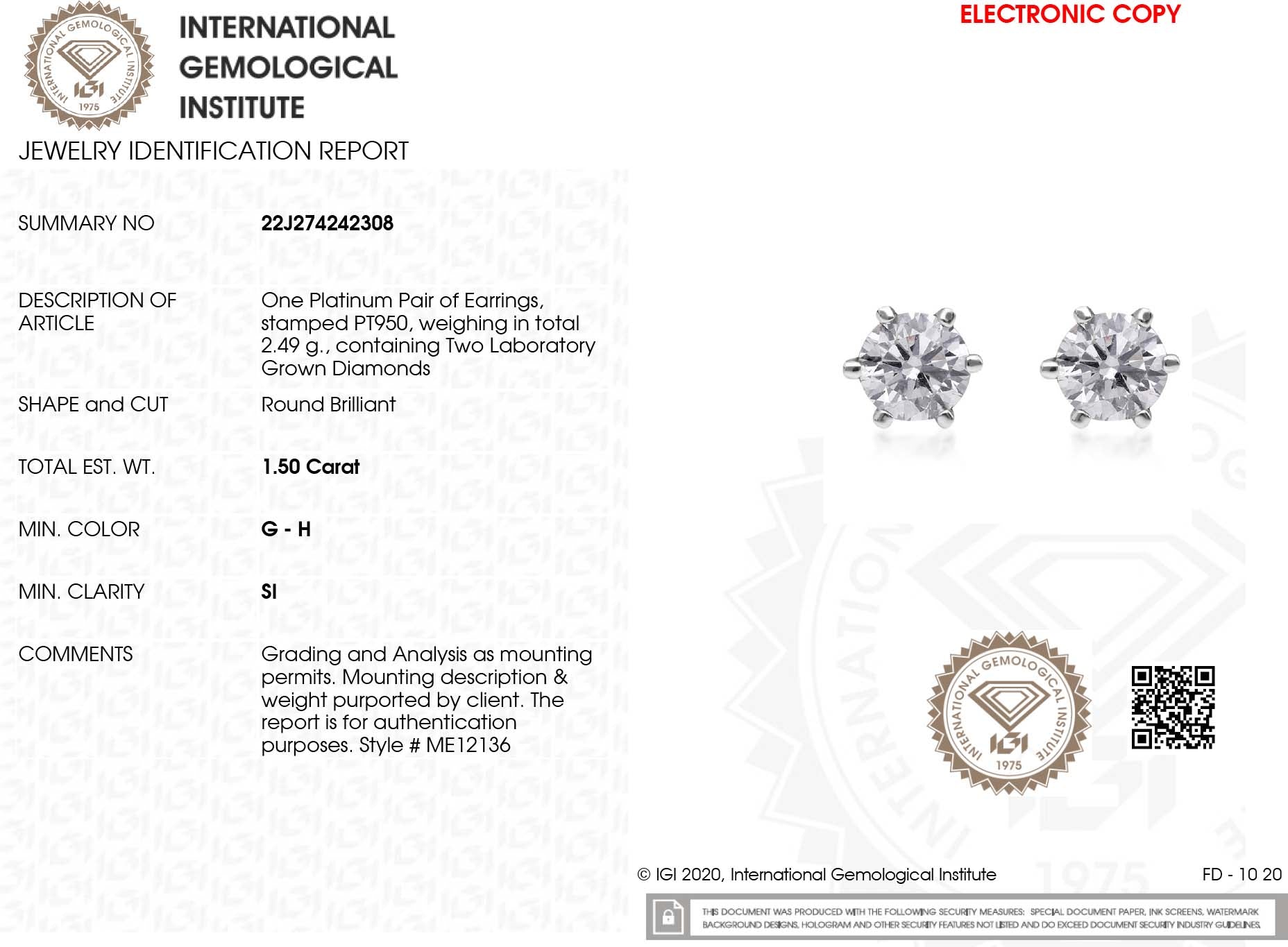 Lab grown Diamant SI-GH Ohrringe, IGI zertifiziert, 950 Platin ca. 1.50 ct