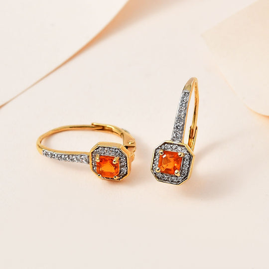 AA Salamanca Feueropal, Weißer Zirkon Ohrringe, 925 Silber vergoldet, ca. 0.77 ct