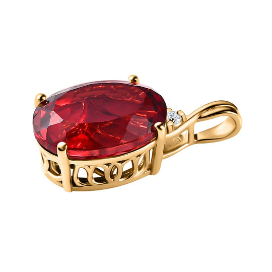 Lab Created Padparadscha-Saphir, Weißer Zirkon Anhänger, 925 Silber Gelbgold Vermeil, ca. 13.05 ct