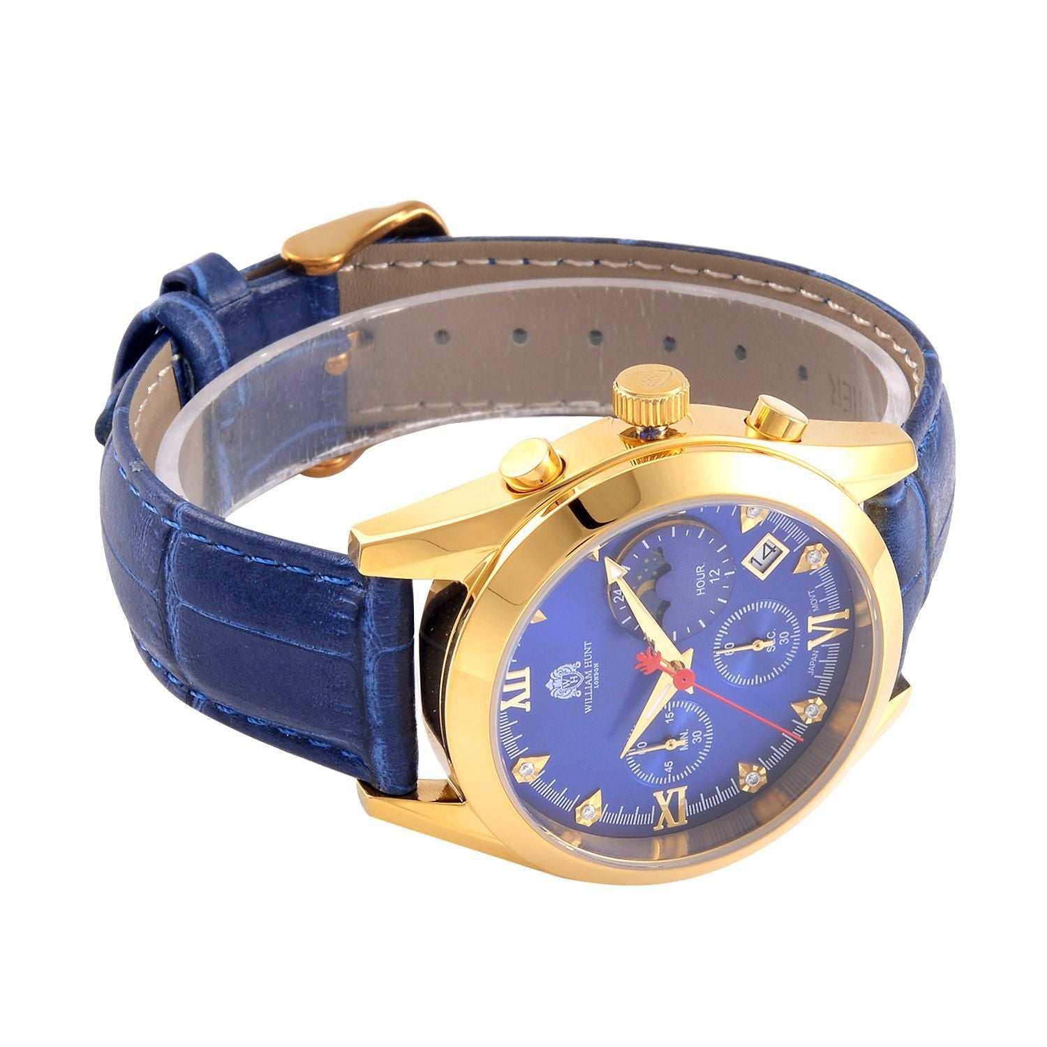 WILLIAM HUNT - 40mm Edelstahl-Uhr, japanisches Uhrwerk, weißes Zifferblatt, Moissanit, blauem Lederband, ca.5 ctca. 0.05 ct