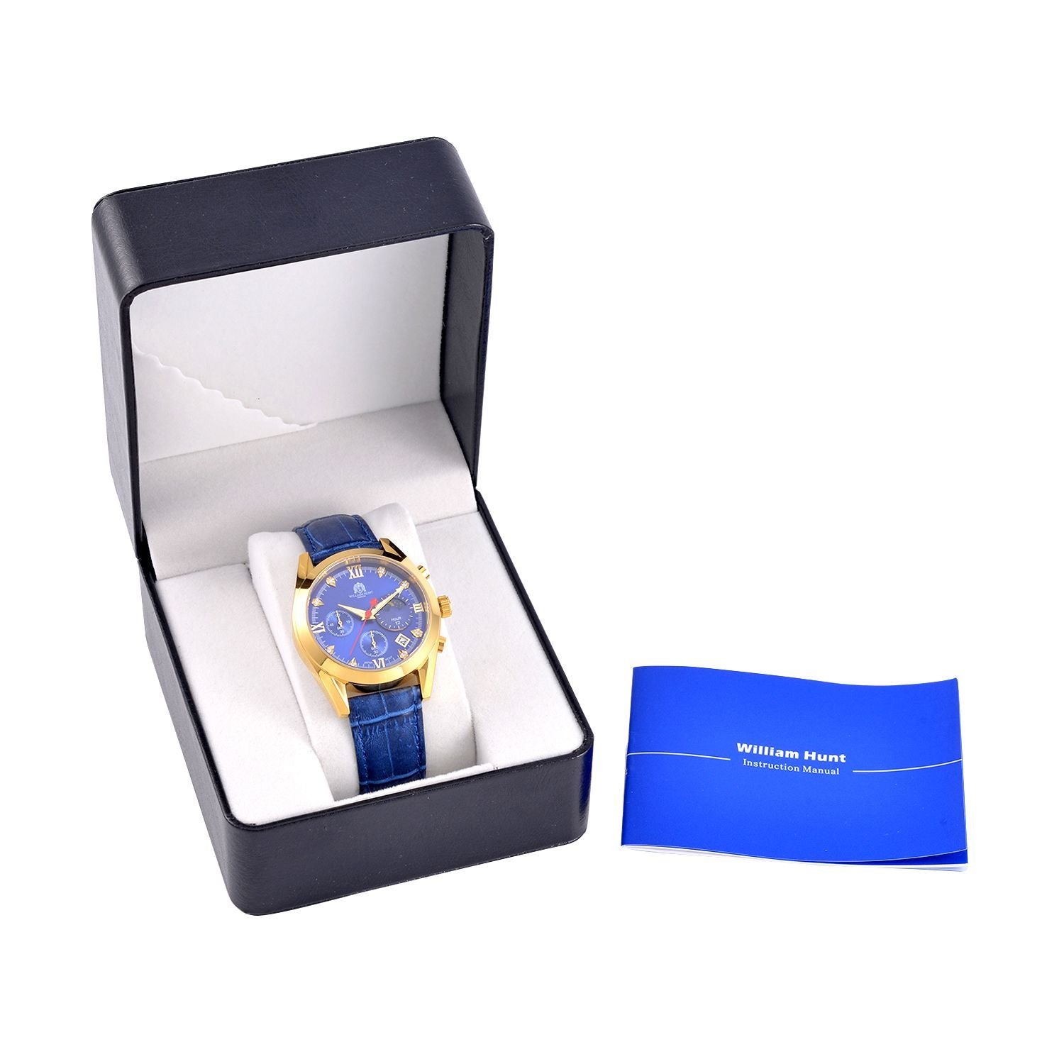 WILLIAM HUNT - 40mm Edelstahl-Uhr, japanisches Uhrwerk, weißes Zifferblatt, Moissanit, blauem Lederband, ca.5 ctca. 0.05 ct