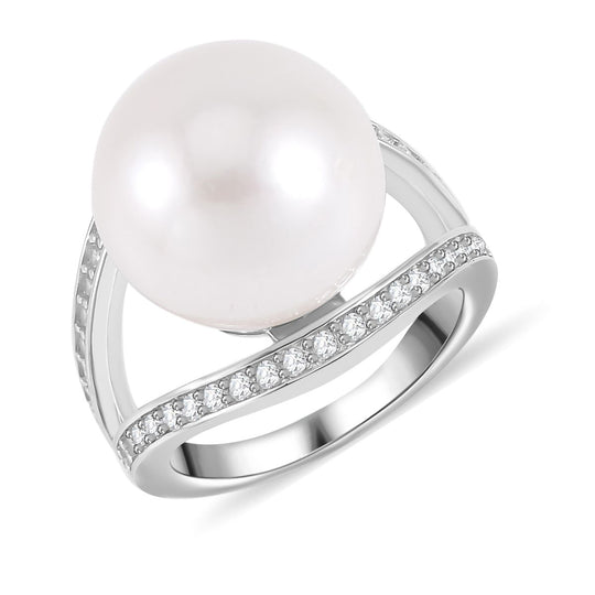 Weiße Edison Perle (14-15 mm), Weißer Zirkon Ring 925 Silber platiniert (Größe 16.00)