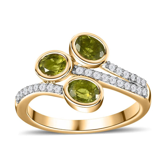 AA Natürlicher, italienischer Vesuvianit, Weißer Zirkon Ring, 925 Silber Gelbgold Vermeil, ca. 1.66 ct
