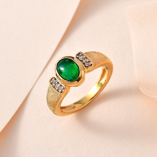 Grün, äthiopischer Welo Opal, Weißer Zirkon Ring, 925 Silber Gelbgold Vermeil, ca. 0.79 ct