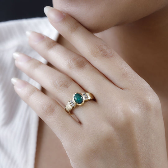 Grün, äthiopischer Welo Opal, Weißer Zirkon Ring, 925 Silber Gelbgold Vermeil, ca. 0.79 ct