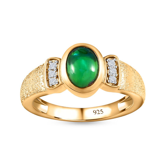 Grün, äthiopischer Welo Opal, Weißer Zirkon Ring, 925 Silber Gelbgold Vermeil, ca. 0.79 ct
