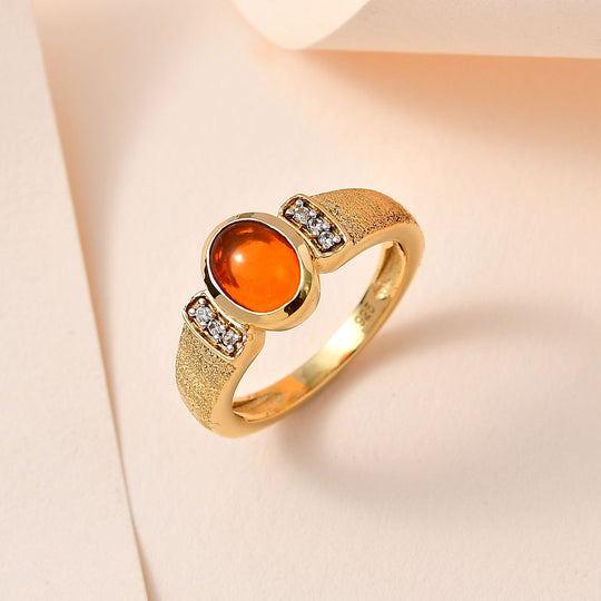 Orange äthiopischer Welo Opal, Weißer Zirkon Ring, 925 Silber Gelbgold Vermeil, ca. 0.85 ct