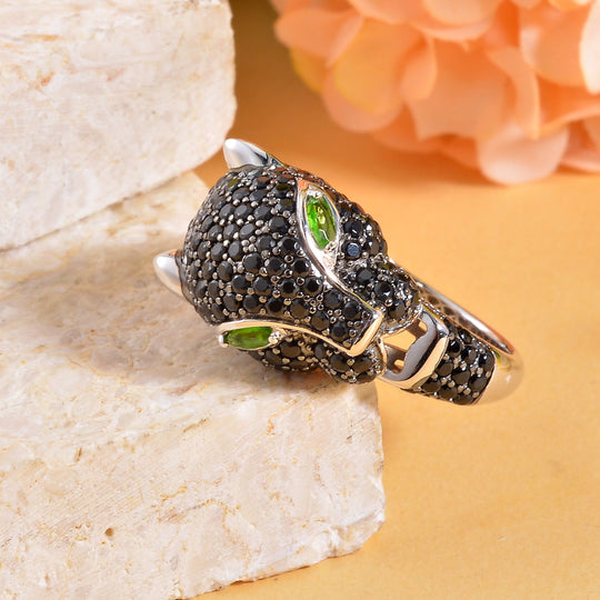 Natürlicher Chromdiopsid, Schwarzer Spinell Ring, 925 Silber, ca. 2.61 ct