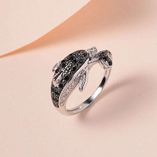 Weißer Zirkon, Schwarzer Spinell Ring, 925 Silber, bicolor, , ca. 0.40 ct