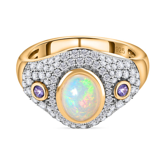 AA Natürlicher, äthiopischer Welo Opal, Tansanit Ring, 925 Silber Gelbgold Vermeil, (Größe 21.00), ca. 2.28 ct