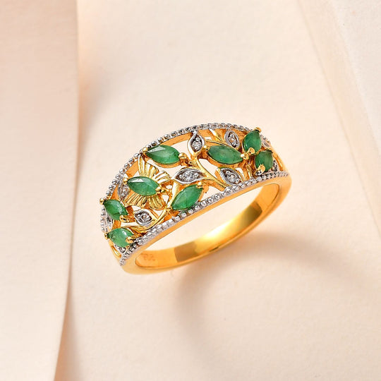 Sambischer Smaragd, Weißer Zirkon Ring, 925 Silber Gelbgold Vermeil ca. 0.98 ct