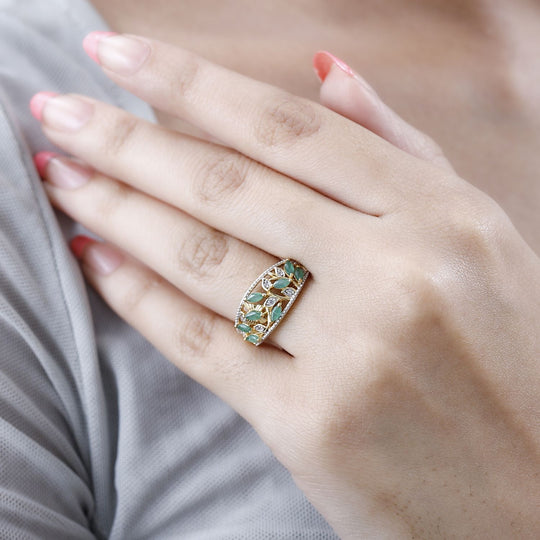 Sambischer Smaragd, Weißer Zirkon Ring, 925 Silber Gelbgold Vermeil ca. 0.98 ct