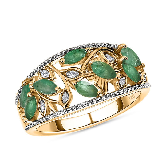 Sambischer Smaragd, Weißer Zirkon Ring, 925 Silber Gelbgold Vermeil ca. 0.98 ct