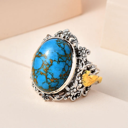 Blauer Mojave Türkis Ring, 925 Silber Bicolor, ca. 9.07 ct
