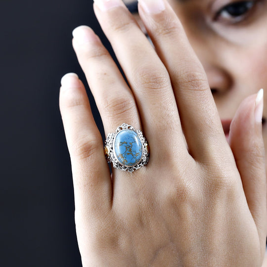 Blauer Mojave Türkis Ring, 925 Silber Bicolor, ca. 9.07 ct