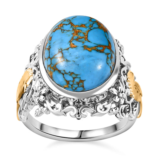 Blauer Mojave Türkis Ring, 925 Silber Bicolor, ca. 9.07 ct