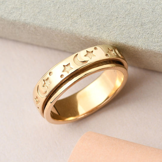 Handgearbeiteter Spinning-Ring mit Mond und Sterne-Motiv in 925 Silber vergoldet (Größe 21.00)