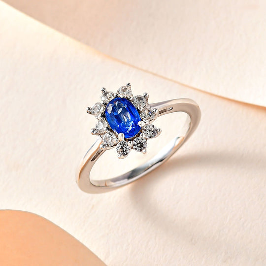 Kyanit, Weißer Zirkon Ring, 925 Silber platiniert, ca. 1.11 ct