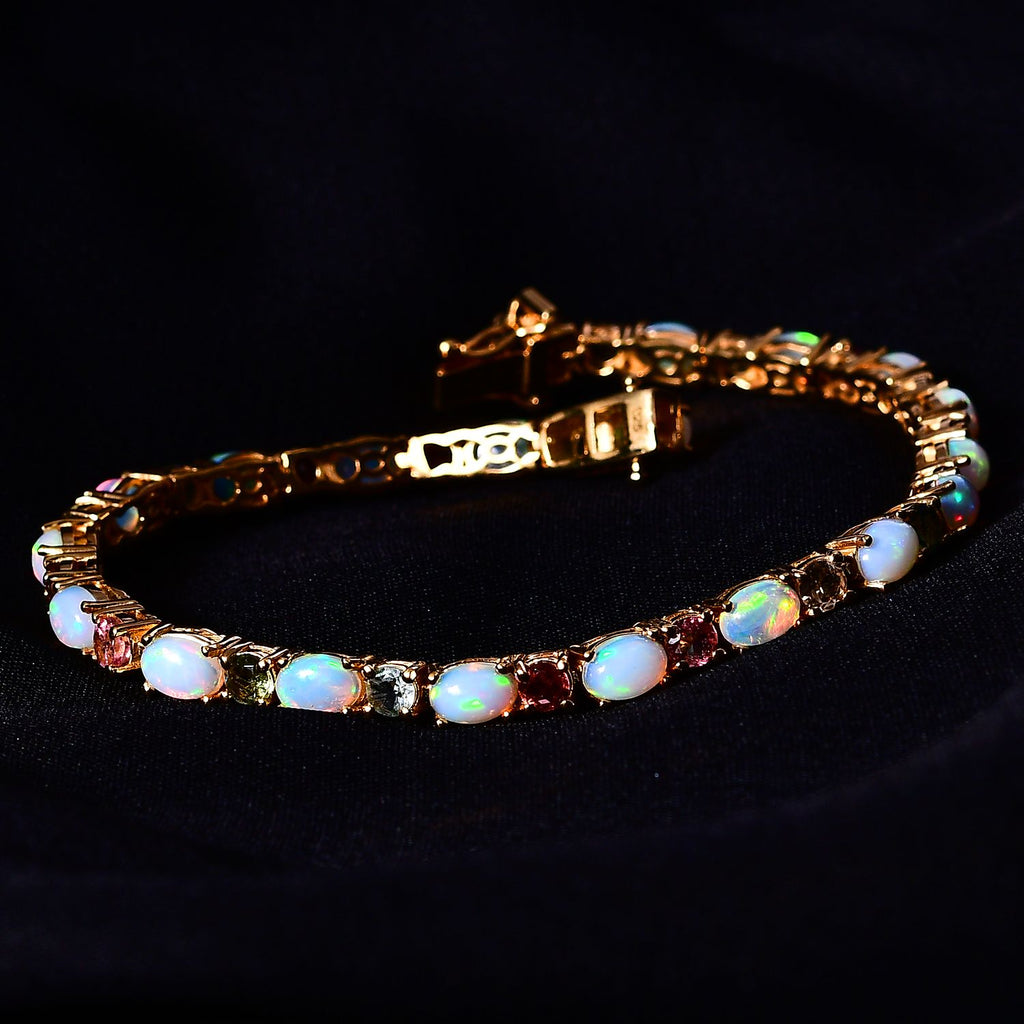 AA Natürlicher, äthiopischer Welo-Opal, mehrfarbiges Turmalin-Armband, ca. 18 cm, 925 Silber Gelbgold Vermeil ca. 8.96 ct