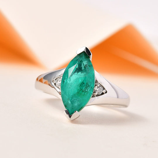 Smaragd-Quarz-Triplette, Weißer Zirkon Ring, 925 Silber platiniert ca. 3.33 ct