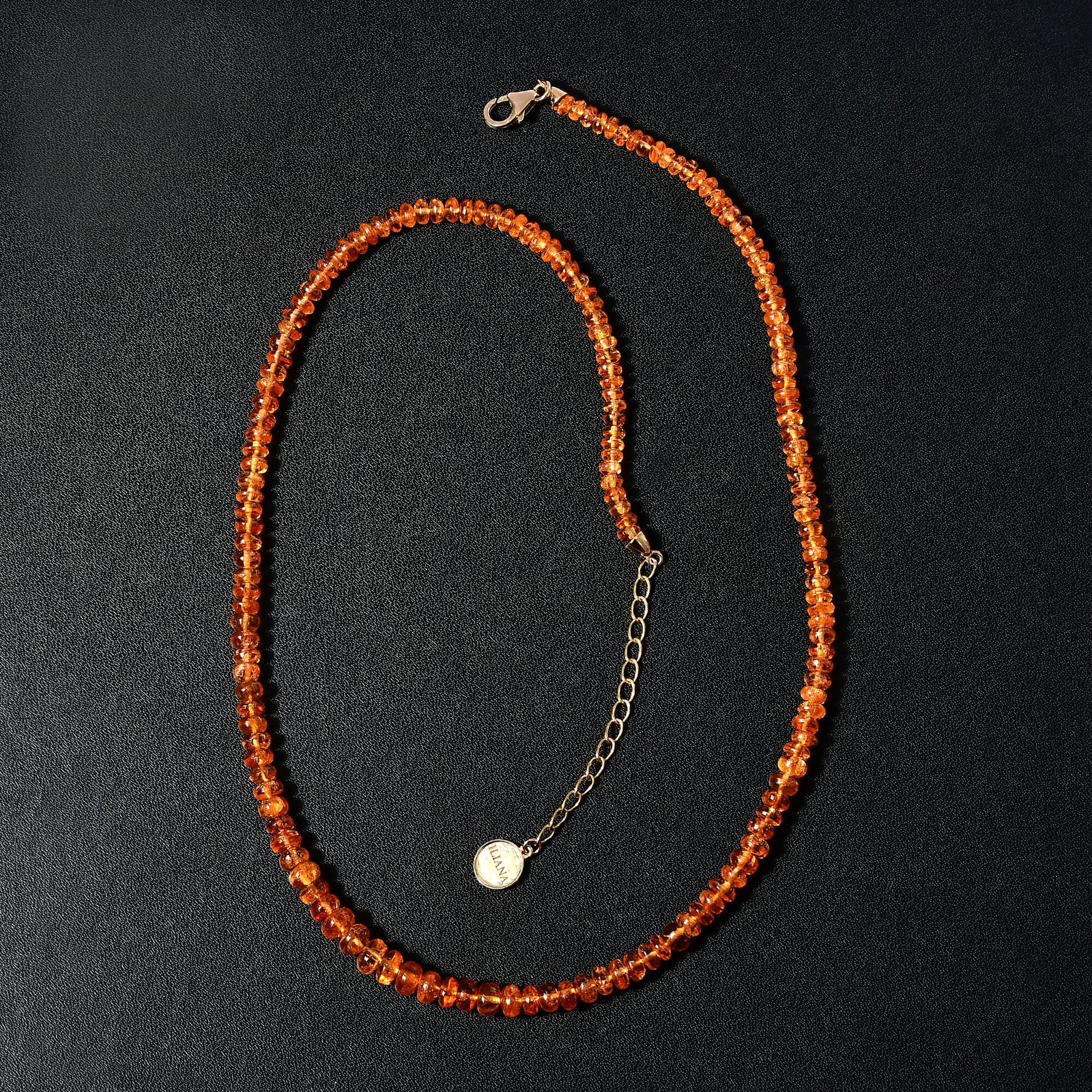 AAAA Spessartin Granat Halskette ca. 45 cm +5 cm Extender, 750 Gold ca. 90,00 ct.