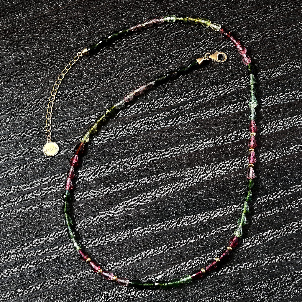 AAAA Mehrfarbig-Turmalin Halskette ca. 45 cm+ 5 cm extender, AGI zertifiziert, 750 Gold ca. 50.00 ct
