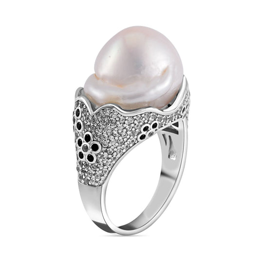 Weiße Barockperle, Schwarzer Spinell Ring, 925 Silber rhodiniert