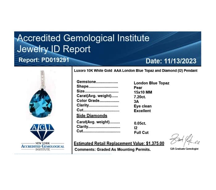 AAA London Blau Topas, Weißer Diamant Anhänger 417 Gold ca. 7,25 ct.