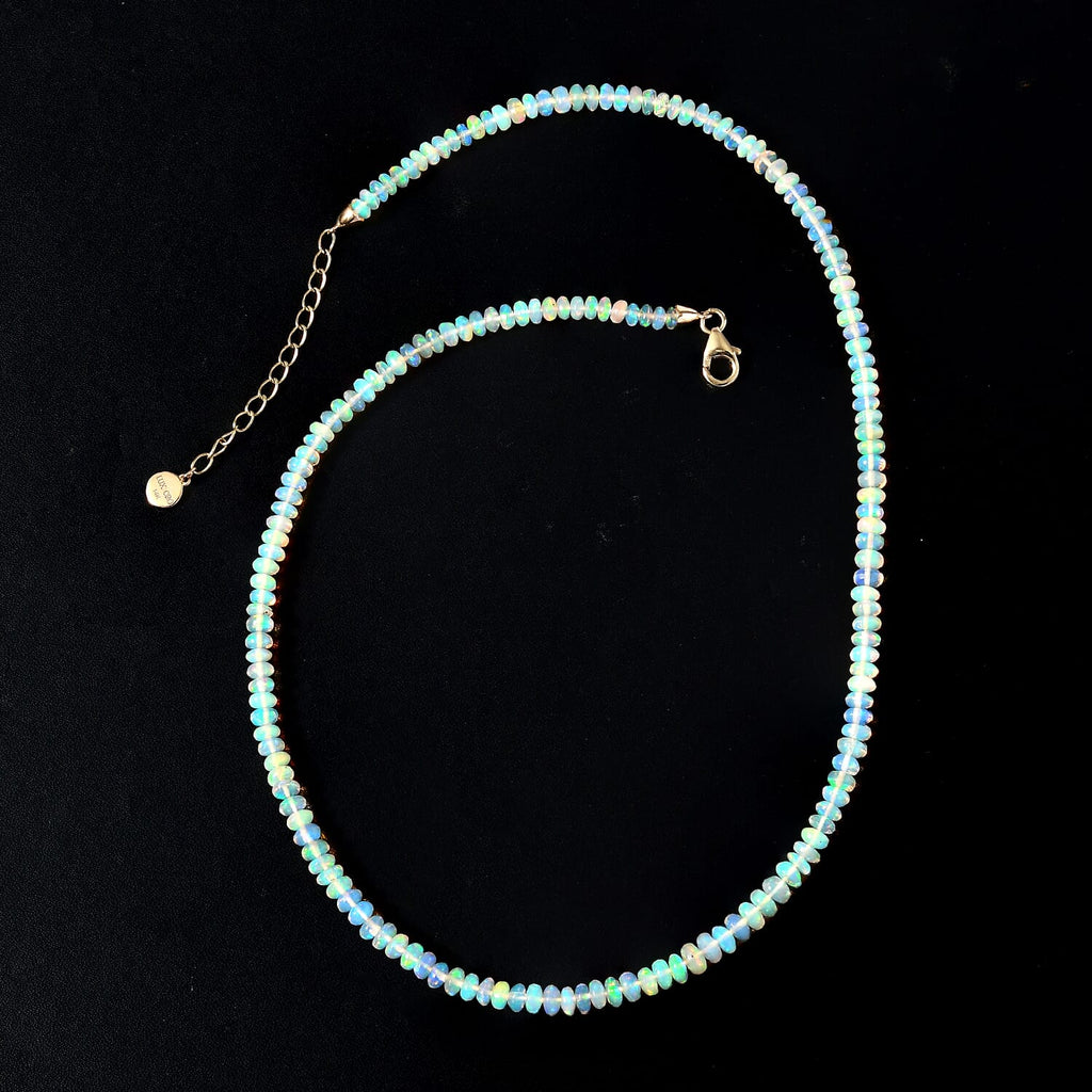 AAAA Natürliche, äthiopische Welo Opal Halskette, AGI zertifiziert und geprüft, ca. 45 cm+ 5 cm Extender, 585 Gelb Gold ca. 40.00 ct