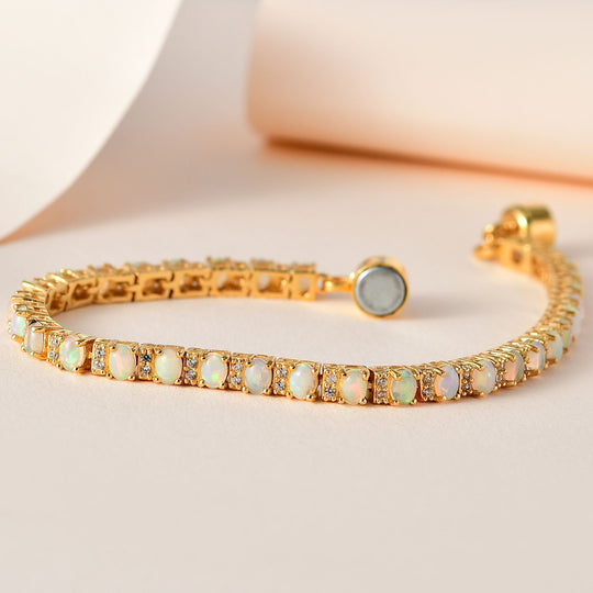 AA Natürlicher, äthiopischer Welo Opal, Weißer Zirkon Armband ca. 20 cm 925 Silber Gelbgold Vermeil ca. 4,27 ct.