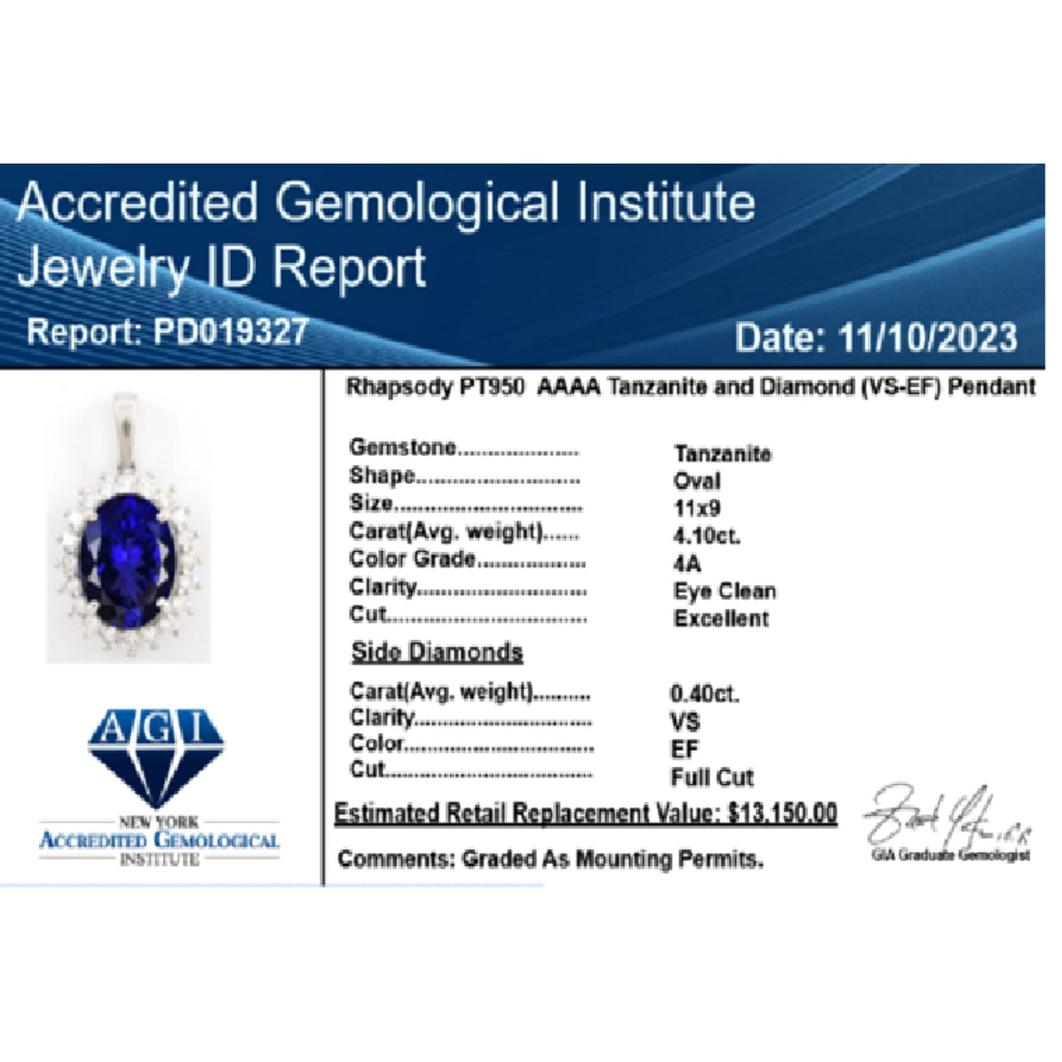 Rhapsody AAAA Tansanit, Weißer Diamant Anhänger 950 Platin ca. 4,50 ct.
