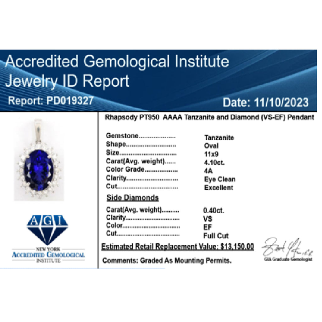 Rhapsody AAAA Tansanit, Weißer Diamant Anhänger 950 Platin ca. 4,50 ct.
