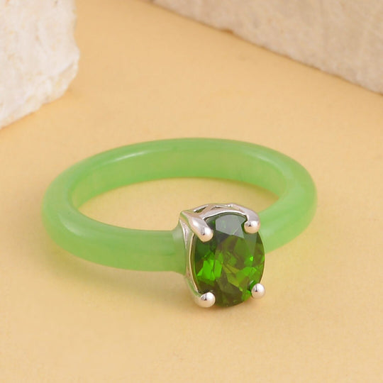Grüne Jade, Natürlicher Chromdiopsid Ringe 925 Silber rhodiniert (Größe 17.00) ca. 8.10 ct