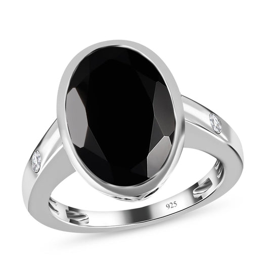 Schwarzer Spinell, Weißer Zirkon Ring, 925 Silber platiniert, ca. 7.57 ct
