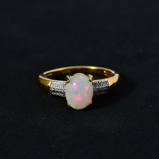 AA Natürlicher, äthiopischer Welo Opal, Weißer Diamant Ring, 925 Silber Gelbgold Vermeil, ca. 1.30 ct