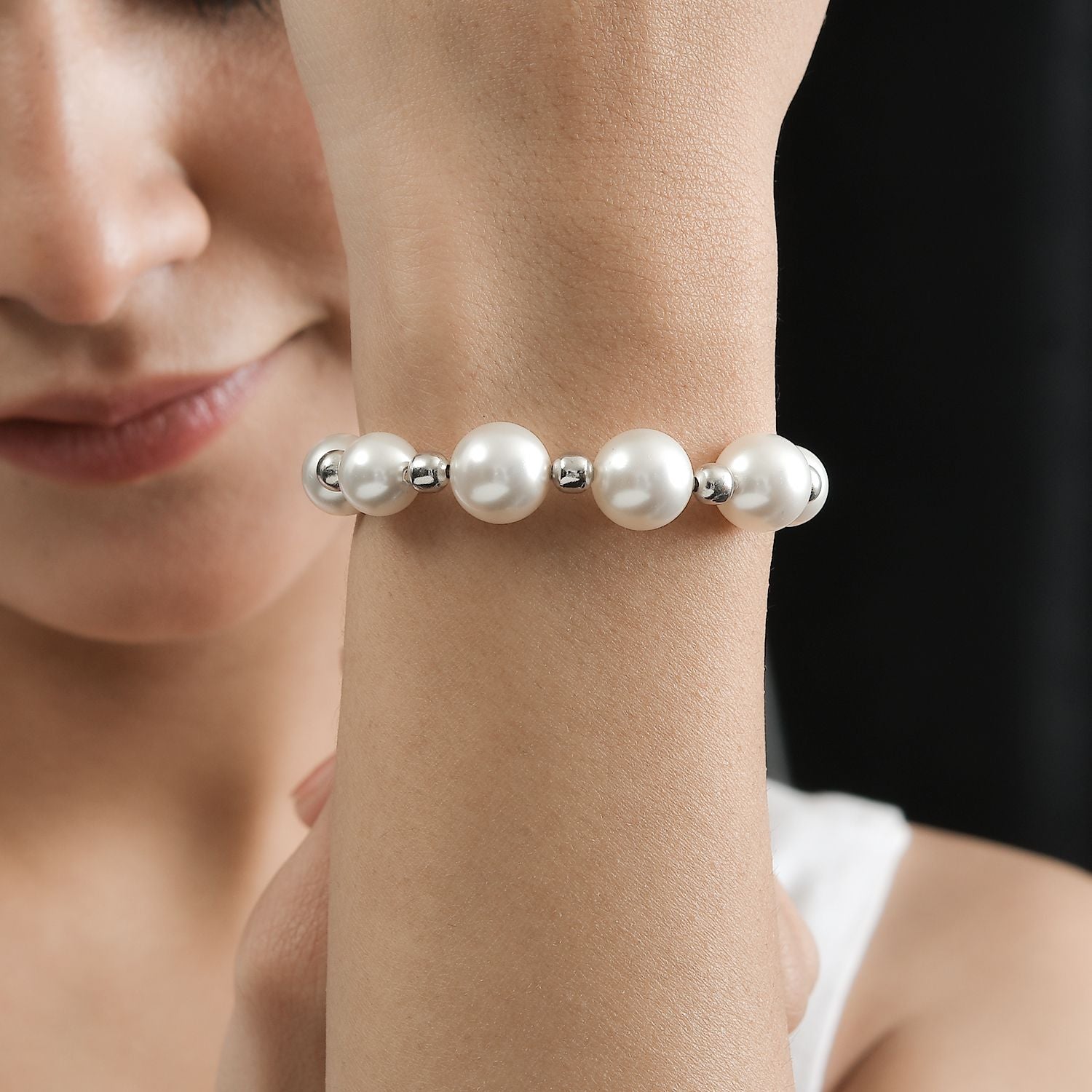 Kristall aus weißer Perle (12mm) Armband, 26,75cm, Edelstahl