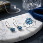 LUXURIANT DIAMOND- SGL zertifizierter SI-GH Labor blauer und weißer Diamant Ring und Ohrringe