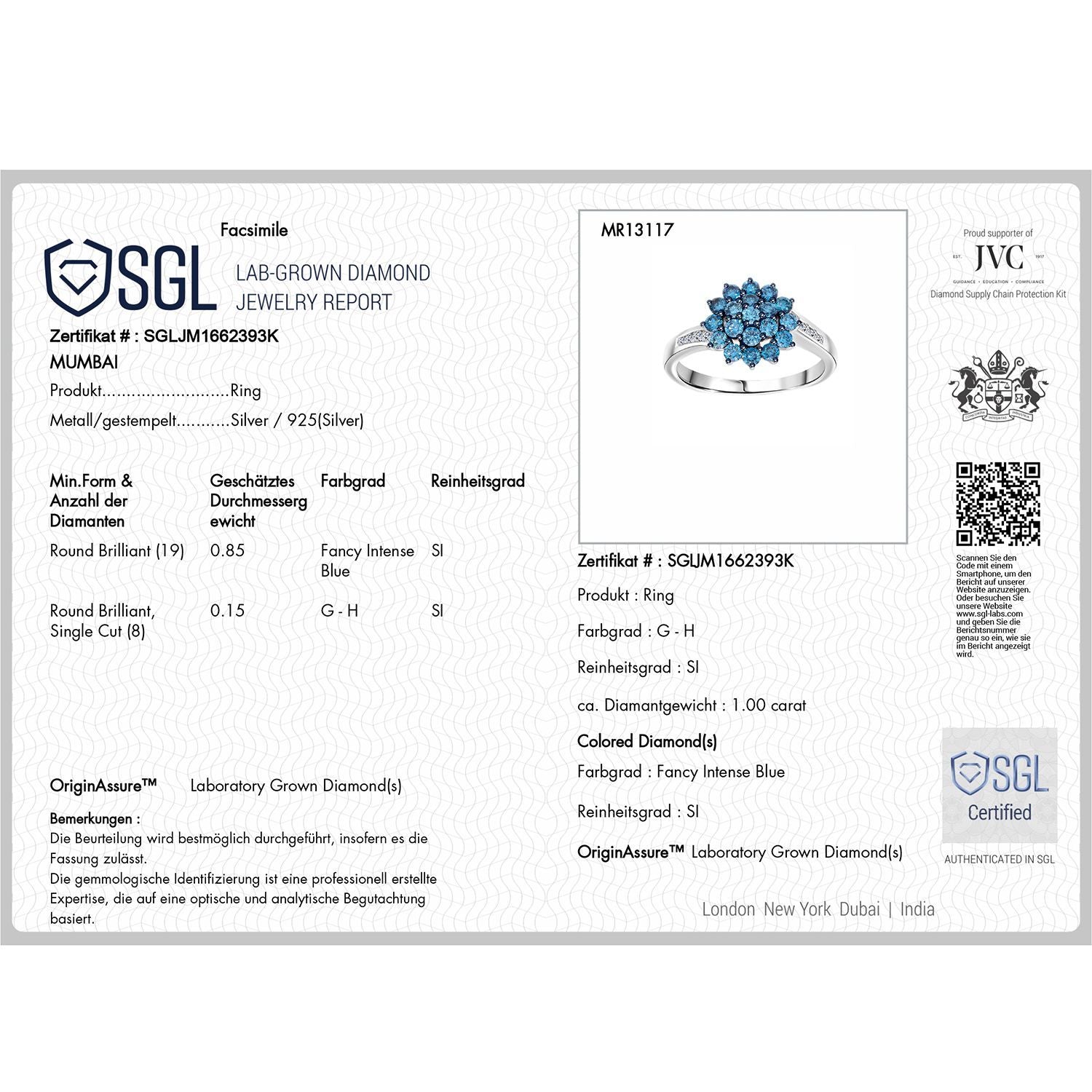 LUXURIANT DIAMOND- SGL zertifizierter SI-GH Labor blauer und weißer Diamant Ring und Ohrringe
