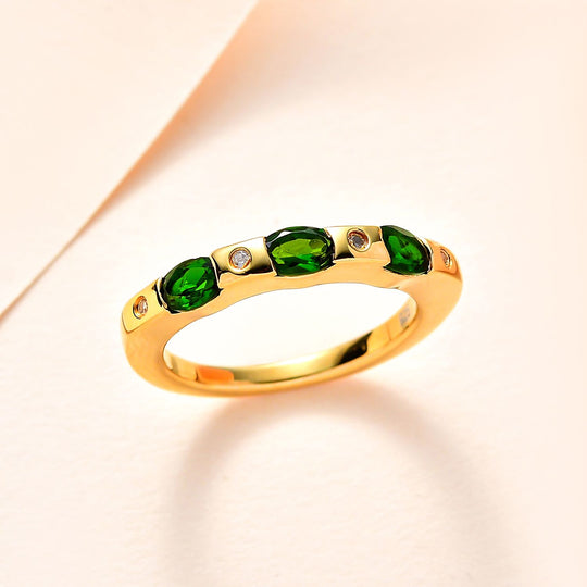 Natürlicher Chromdiopsid, Weißer Zirkon Ring, 925 Silber Gelbgold Vermeil, ca. 0.84 ct