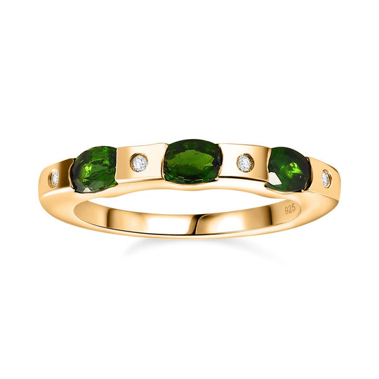 Natürlicher Chromdiopsid, Weißer Zirkon Ring, 925 Silber Gelbgold Vermeil, ca. 0.84 ct