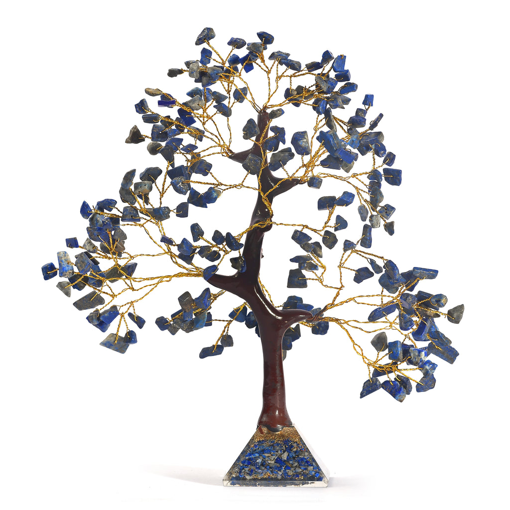 Lapislazuli-Energiebaum mit 230 Edelsteinblättern und Edelsteinpyramidensockel, 23 cm, Lapislazuli