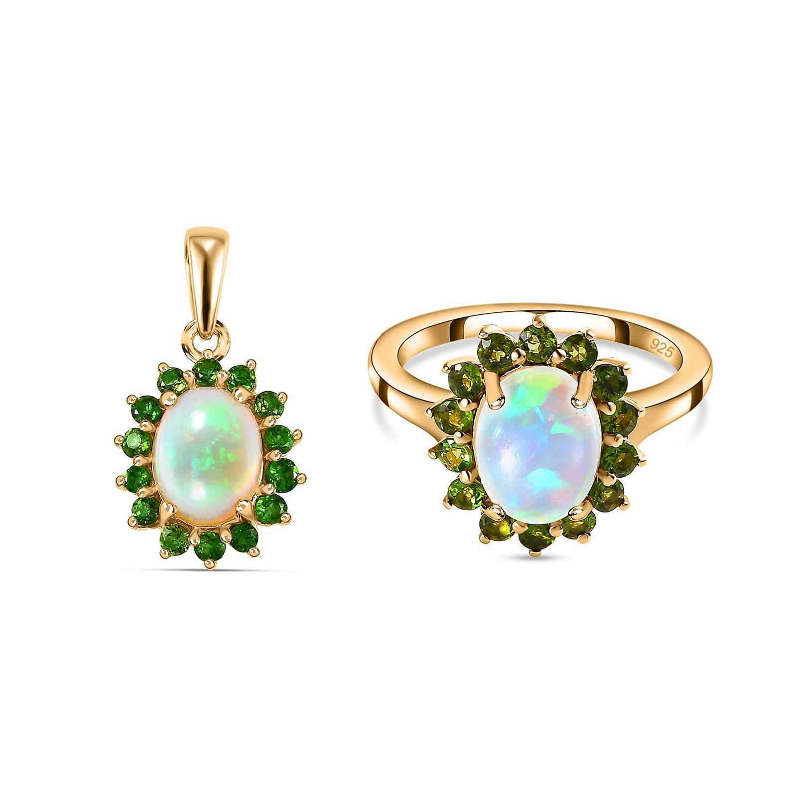 AA natürlicher, äthiopischer Welo Opal und Chromdiopsid Ring und Anhänger