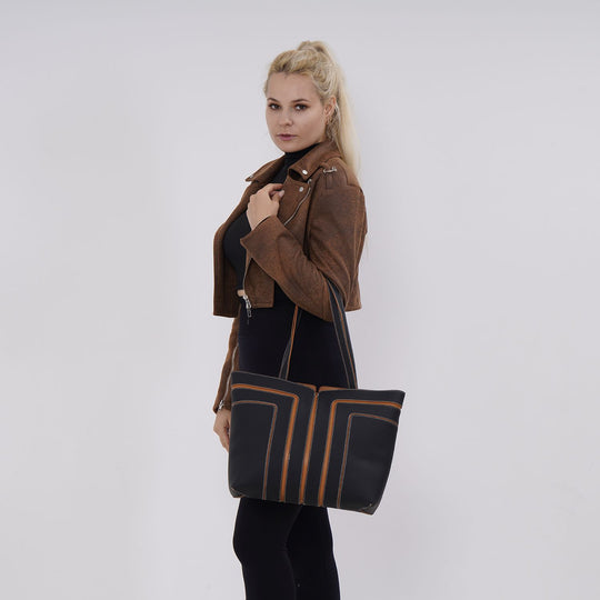 Echtleder Shopper, geometrisches Panel Design, 32 x 12 x 28, Schwarz