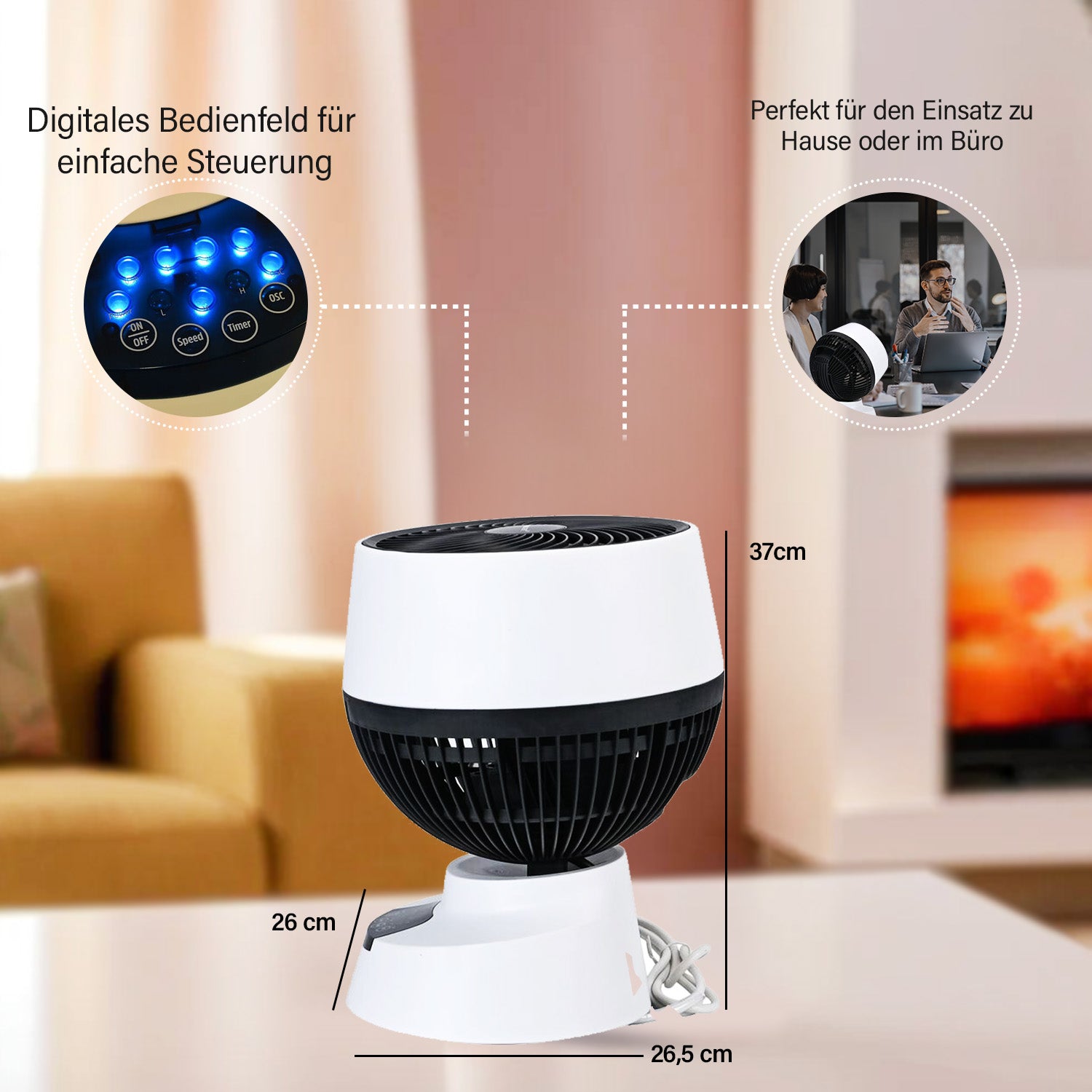 Luftmeister FlexiWind -  Digitaler Tischventilator mit 3 Geschwindigkeiten, Automatischer Oszillation und 7,5 Stunden Timer, Weiß