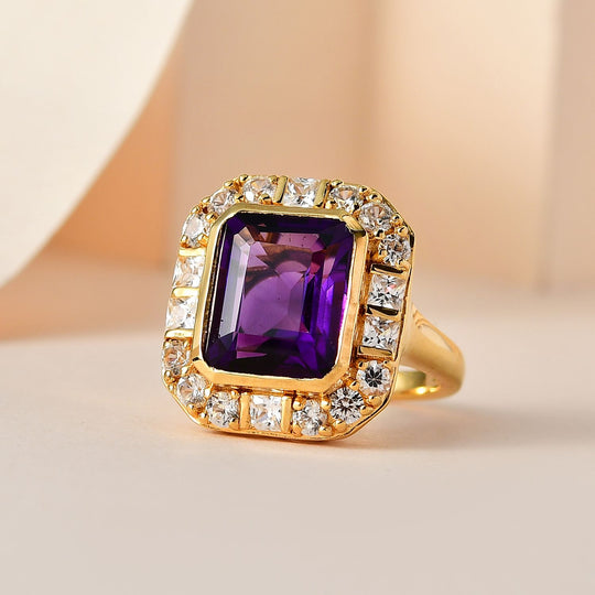 AAA Marokkanischer Amethyst, Weißer Zirkon Ring, 925 Silber Gelbgold Vermeil, ca. 6.32 ct