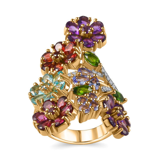 Mosambik Granat, Rhodolith Granat Ring 925 Silber Gelbgold Vermeil ca. 6,97 ct