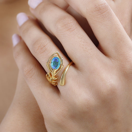 Pfau Quarz Triplette Ring, 925 Silber Gelbgold Vermeil ca. 1.50 ct
