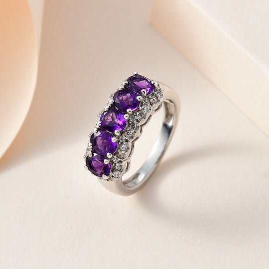 Natürlicher AA Marokkanischer Amethyst, Weißer Zirkon Ring, 925 Silber platiniert ca. 2.13 ct